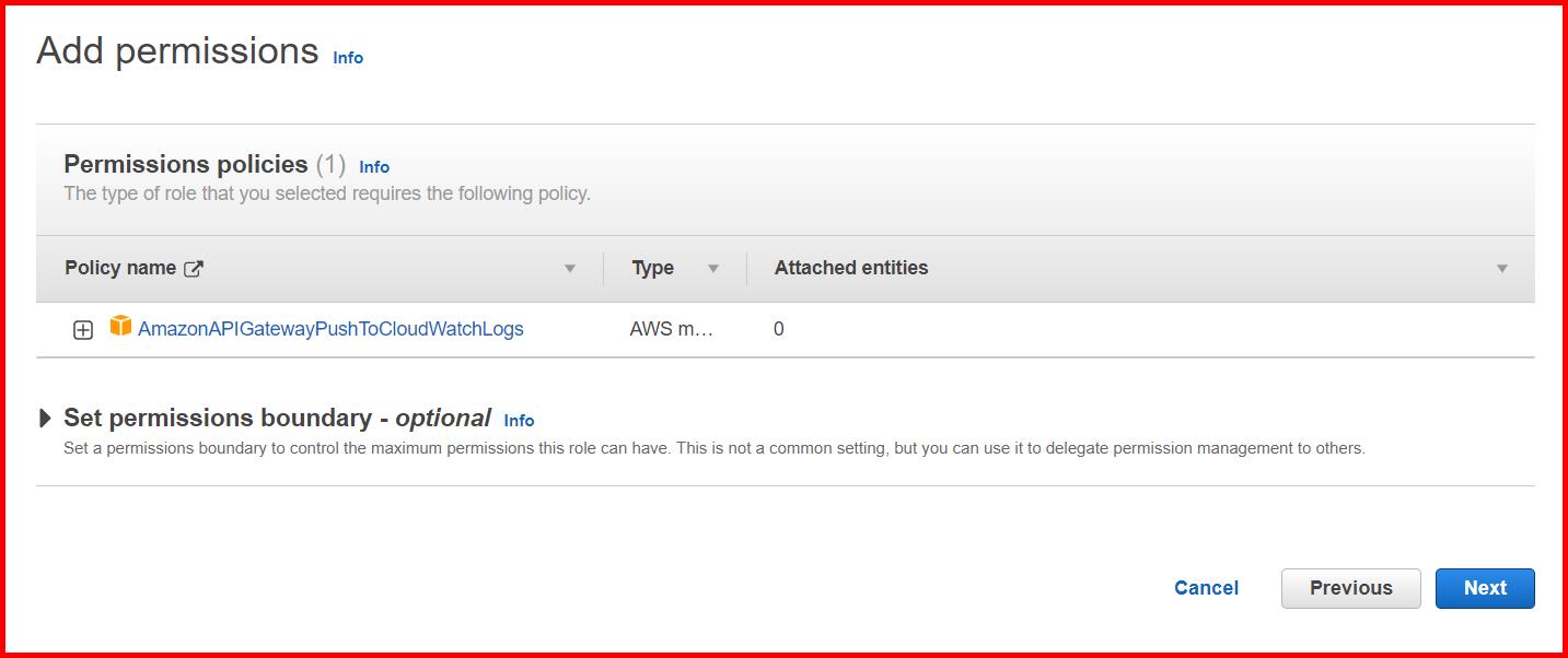Picture showing adding the AmazonAPIGatewayPushToCloudWatchLogs permission to the role